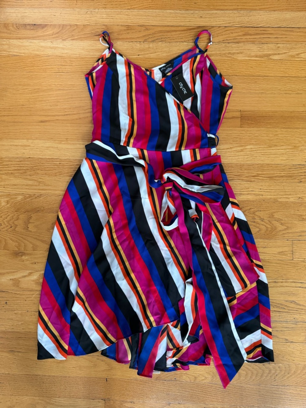 City Chic Multicolor Striped Wrap Dress in Pink, Blue & Black